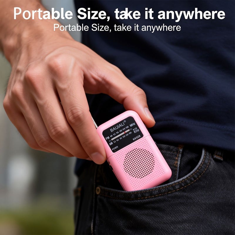 Pink Pocket Radio AM FM Compact Portable Radio with Speaker Headphone Jack 2AA Powered Lightweight for Indoor Outdoor Emergency Fits in Pockets Backpacks Secure with Wrist Strap - Image 3
