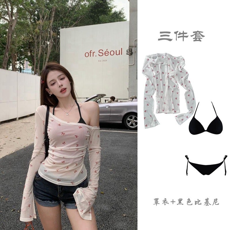 بلوزة نسائية بأكمام طويلة مزينة بقوس، شفافة ميكرو، قطعة مزيفة، صيف وربيع وخريف - Image 2