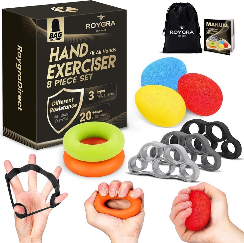 roygra Grip Strength Trainer (8 Pack), Forearm Strengthener, Stress Balls for Adults, Hand Strengthening Devices, Wrist Finger Strengthener, Physical Therapy Exercise Equipment, Golf Baseball Climbing - Image 1