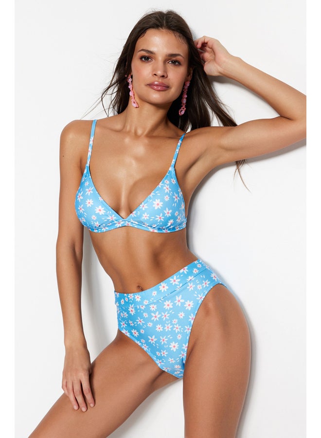 trendyol Blue Floral Pattern Triangle High Waist High Leg Bikini Set TBESS22BT0016  - Image 1