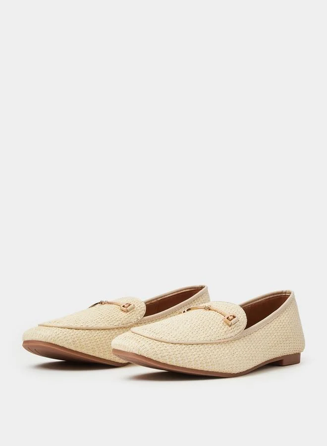 Styli Beige Raffia Woven Flat Loafers