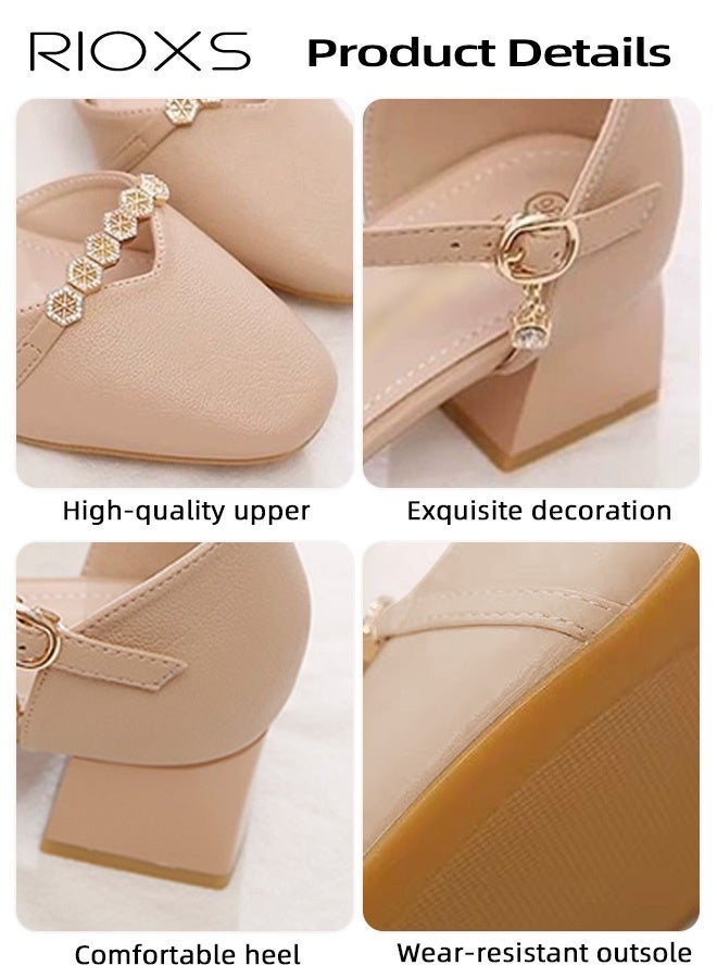 RIOXS Women's Mary Jane Heels, Chunky Block Heeled Shoe for Women, Closed Pointed Toe Heels, Ladies Classic Ankle Strap Pumps, Thick Heels Dressy Shoes for Mam, Fashion Pump Shoes with Buckle, Women's Comfort Shoes for Office/ Party/ Wedding/ Shopping Vacation/ Casual Wear, Womens Footwear Apricot Heels - Image 5