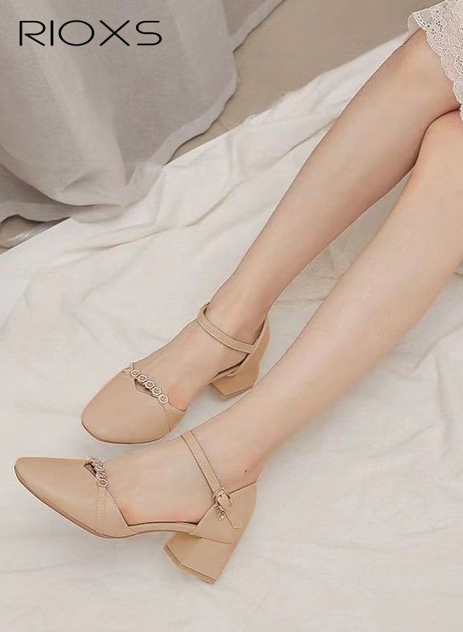RIOXS Women's Mary Jane Heels, Chunky Block Heeled Shoe for Women, Closed Pointed Toe Heels, Ladies Classic Ankle Strap Pumps, Thick Heels Dressy Shoes for Mam, Fashion Pump Shoes with Buckle, Women's Comfort Shoes for Office/ Party/ Wedding/ Shopping Vacation/ Casual Wear, Womens Footwear Apricot Heels - Image 1