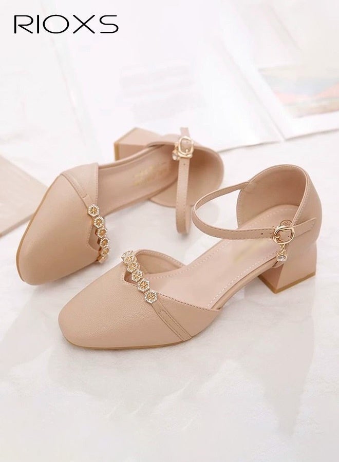 RIOXS Women's Mary Jane Heels, Chunky Block Heeled Shoe for Women, Closed Pointed Toe Heels, Ladies Classic Ankle Strap Pumps, Thick Heels Dressy Shoes for Mam, Fashion Pump Shoes with Buckle, Women's Comfort Shoes for Office/ Party/ Wedding/ Shopping Vacation/ Casual Wear, Womens Footwear Apricot Heels - Image 3