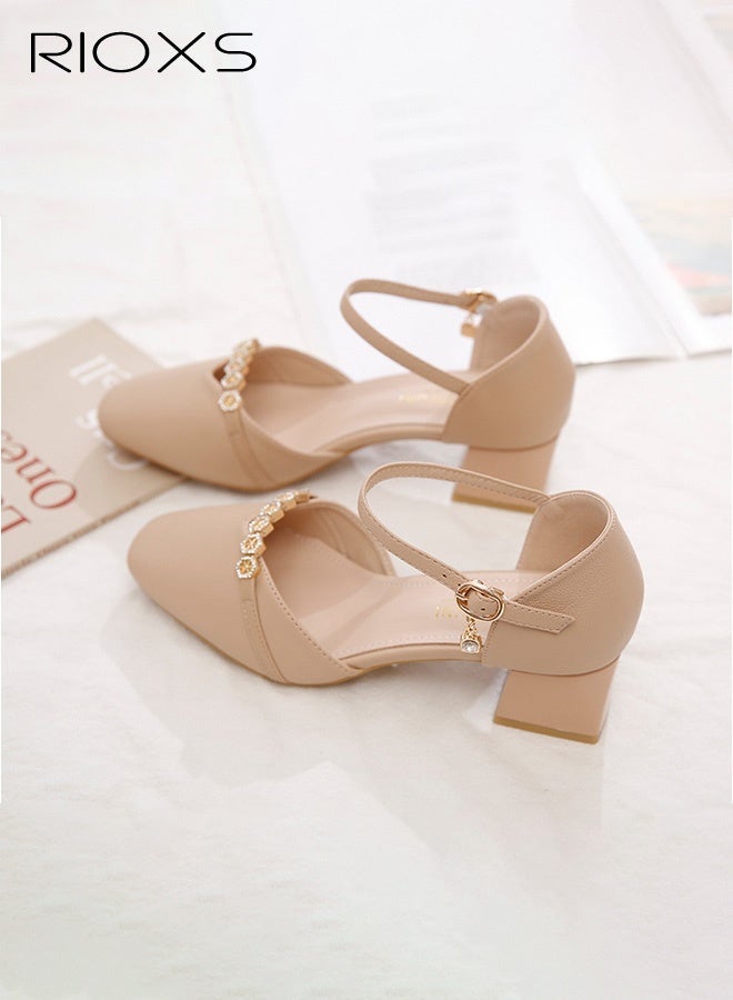 RIOXS Women's Mary Jane Heels, Chunky Block Heeled Shoe for Women, Closed Pointed Toe Heels, Ladies Classic Ankle Strap Pumps, Thick Heels Dressy Shoes for Mam, Fashion Pump Shoes with Buckle, Women's Comfort Shoes for Office/ Party/ Wedding/ Shopping Vacation/ Casual Wear, Womens Footwear Apricot Heels - Image 4