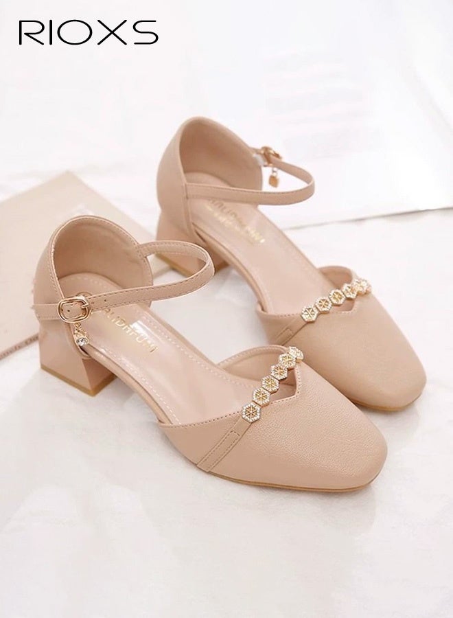 RIOXS Women's Mary Jane Heels, Chunky Block Heeled Shoe for Women, Closed Pointed Toe Heels, Ladies Classic Ankle Strap Pumps, Thick Heels Dressy Shoes for Mam, Fashion Pump Shoes with Buckle, Women's Comfort Shoes for Office/ Party/ Wedding/ Shopping Vacation/ Casual Wear, Womens Footwear Apricot Heels - Image 2
