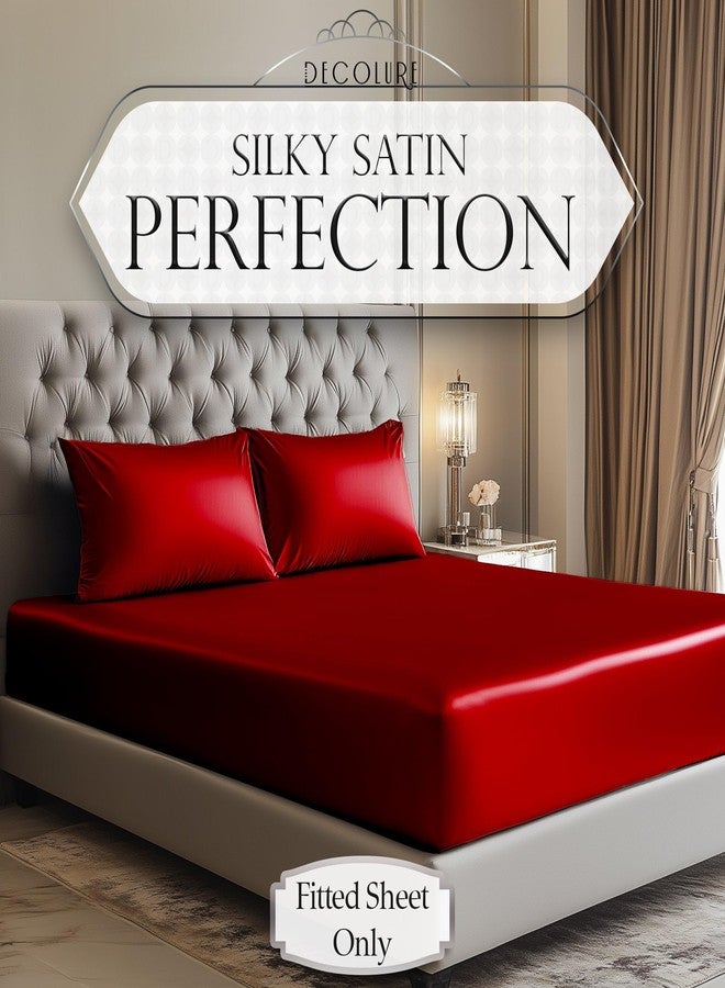 DECOLURE Satin Fitted Sheet Queen Size (1 PC) - Luxuriously Smooth & Softer Than Silk Bed Sheets w/ 15 Inch Deep Pocket Hypoallergenic Wrinkle Free, Secure Snug Fit, Elastic Corner Straps (Red) - Image 2