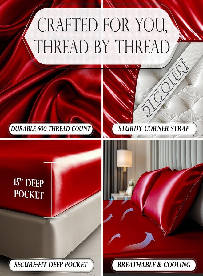DECOLURE Satin Fitted Sheet Queen Size (1 PC) - Luxuriously Smooth & Softer Than Silk Bed Sheets w/ 15 Inch Deep Pocket Hypoallergenic Wrinkle Free, Secure Snug Fit, Elastic Corner Straps (Red) - Image 3