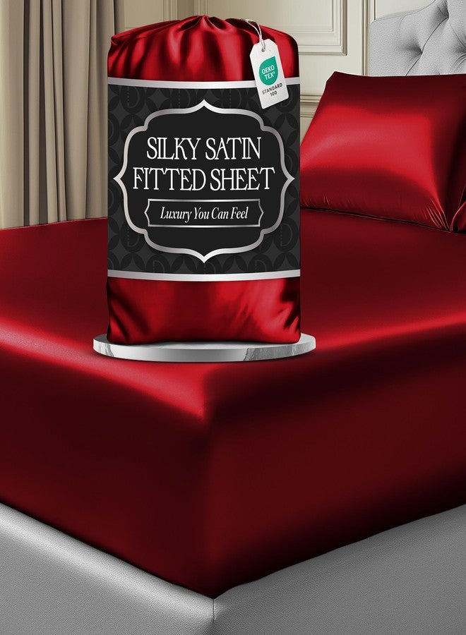 DECOLURE Satin Fitted Sheet Queen Size (1 PC) - Luxuriously Smooth & Softer Than Silk Bed Sheets w/ 15 Inch Deep Pocket Hypoallergenic Wrinkle Free, Secure Snug Fit, Elastic Corner Straps (Red) - Image 1