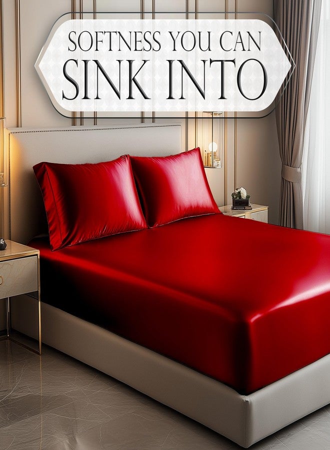DECOLURE Satin Fitted Sheet Queen Size (1 PC) - Luxuriously Smooth & Softer Than Silk Bed Sheets w/ 15 Inch Deep Pocket Hypoallergenic Wrinkle Free, Secure Snug Fit, Elastic Corner Straps (Red) - Image 4