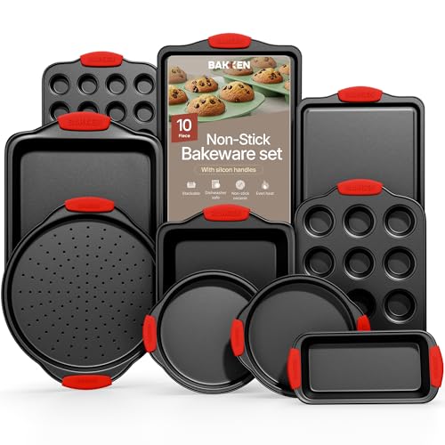 BAKKENMASTER Baking Set – 10 Piece Kitchen Oven Bakeware Set – Deluxe Non-Stick Blue Coating Inside and Outside – Carbon Steel – Red Silicone Handles – PFOA PFOS and PTFE Free by Bakken,Black - Image 1