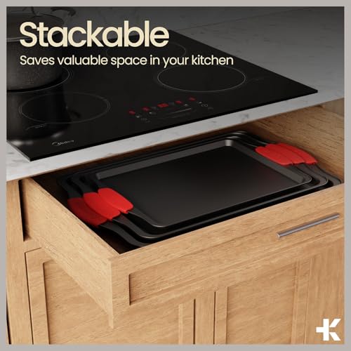 BAKKENMASTER Baking Set – 10 Piece Kitchen Oven Bakeware Set – Deluxe Non-Stick Blue Coating Inside and Outside – Carbon Steel – Red Silicone Handles – PFOA PFOS and PTFE Free by Bakken,Black - Image 5