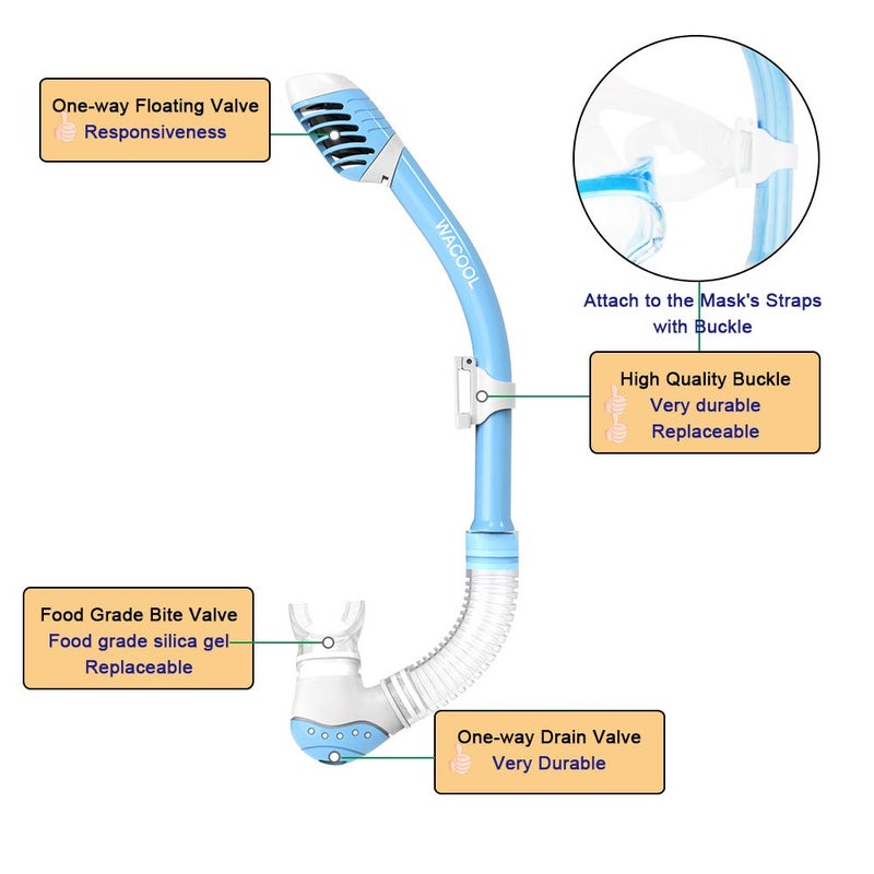 WACOOL Snorkeling Snorkel Diving Scuba Package Set Gear for Kids Youth Junior Anti-Fog Coated Glass with Silicon Mouth Piece Purge Valve and Anti-Splash (SkyBlue) - Image 5