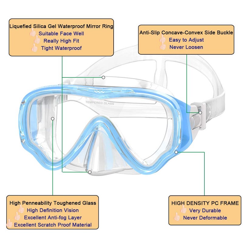 WACOOL Snorkeling Snorkel Diving Scuba Package Set Gear for Kids Youth Junior Anti-Fog Coated Glass with Silicon Mouth Piece Purge Valve and Anti-Splash (SkyBlue) - Image 4