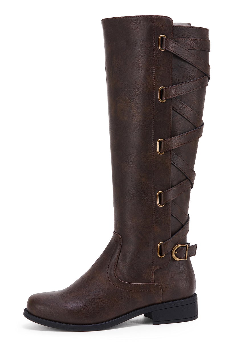 Syktkmx Womens Strappy Motorcycle Knee High Boots Winter Lace Up Riding Flat Low Heel Shoes, Dark Brown, Size 7 - Image 4