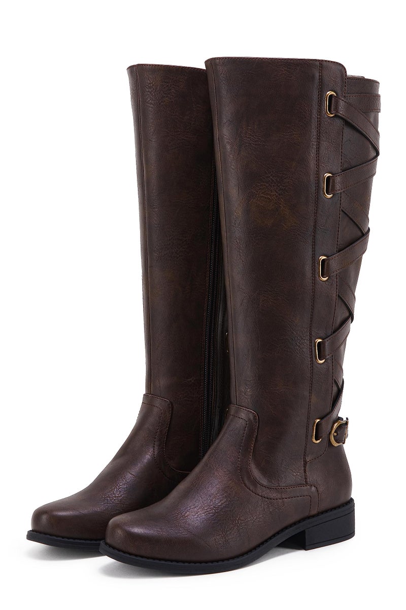 Syktkmx Womens Strappy Motorcycle Knee High Boots Winter Lace Up Riding Flat Low Heel Shoes, Dark Brown, Size 7 - Image 3