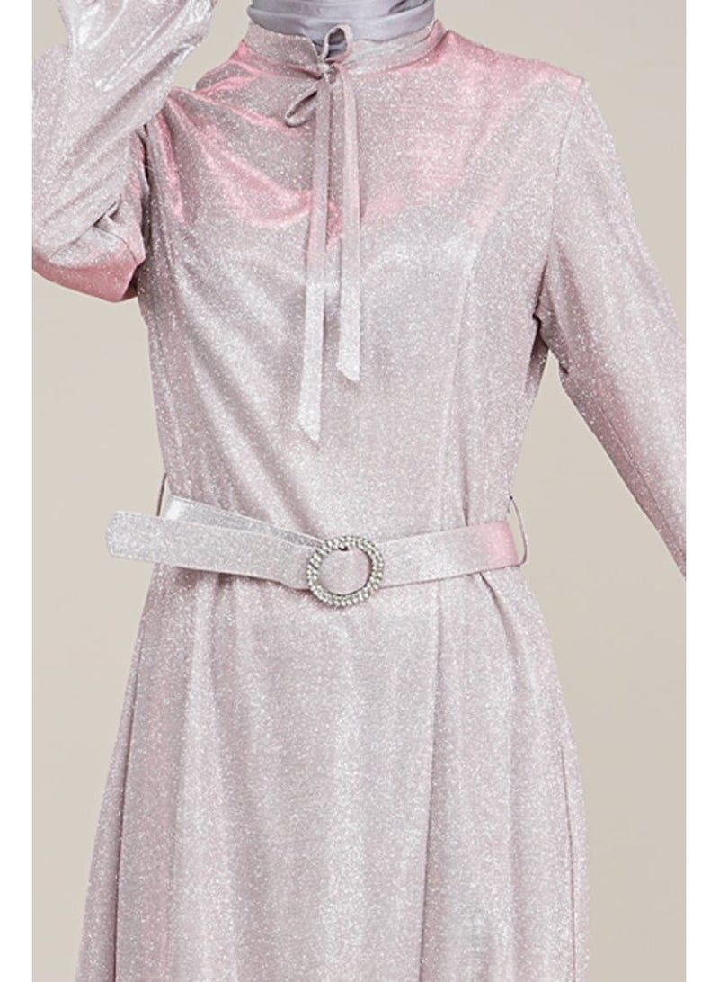 Lamora Women's Sparkly Long Dress with belt and tie neck Glitters Ladies Dress for Special Occasions Powder - Image 2