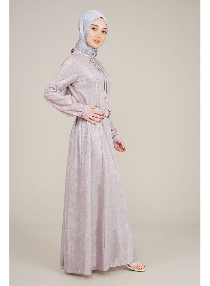 Lamora Women's Sparkly Long Dress with belt and tie neck Glitters Ladies Dress for Special Occasions Powder - Image 4