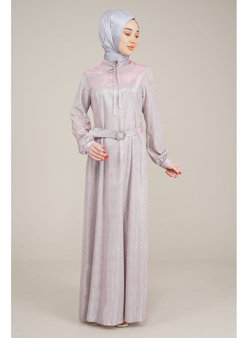 Lamora Women's Sparkly Long Dress with belt and tie neck Glitters Ladies Dress for Special Occasions Powder - Image 5