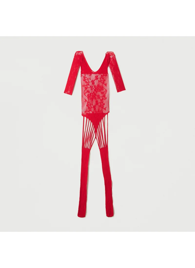 FAV Floral Lace Bodysuit with Scoop Neck and Stockings