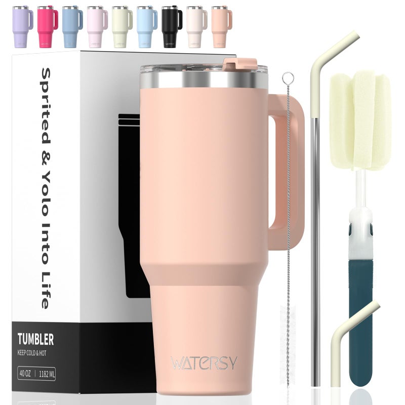 WATERSY 40 oz Tumbler with Handle,Tumbler with Lid and Straw,Double Wall Insulated Cup Stainless Steel Travel Mug(Cold for 34 Hours),Water Bottle for Iced Tea,Coffee,Cold Beverages(Pink) - Image 1