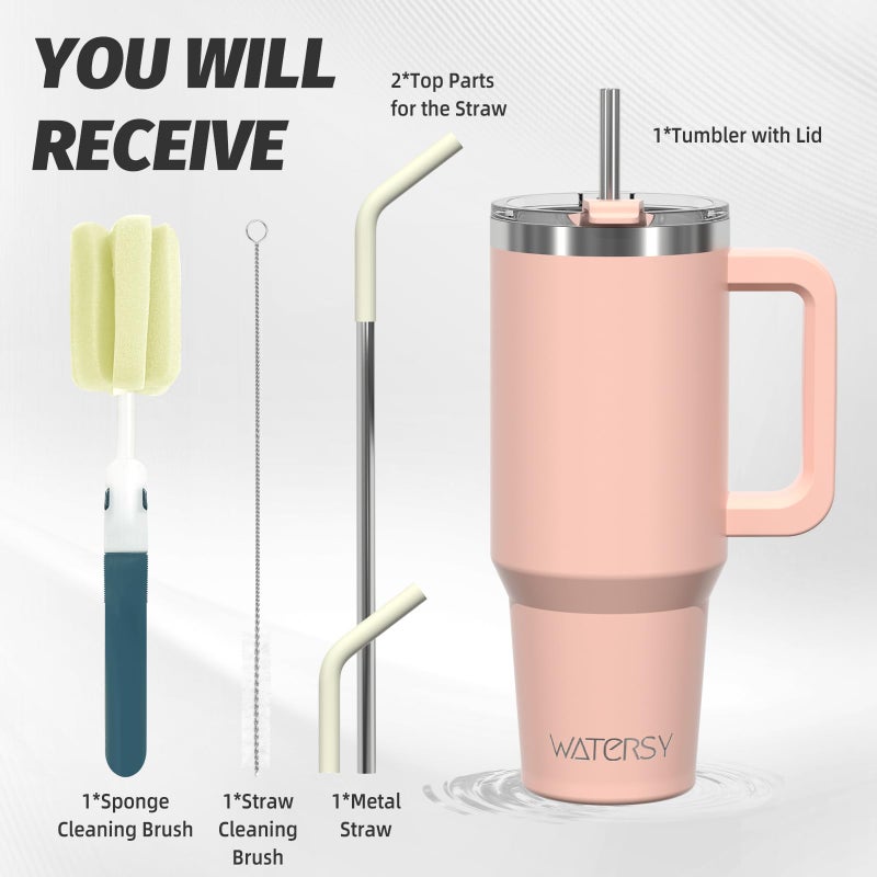 WATERSY 40 oz Tumbler with Handle,Tumbler with Lid and Straw,Double Wall Insulated Cup Stainless Steel Travel Mug(Cold for 34 Hours),Water Bottle for Iced Tea,Coffee,Cold Beverages(Pink) - Image 3