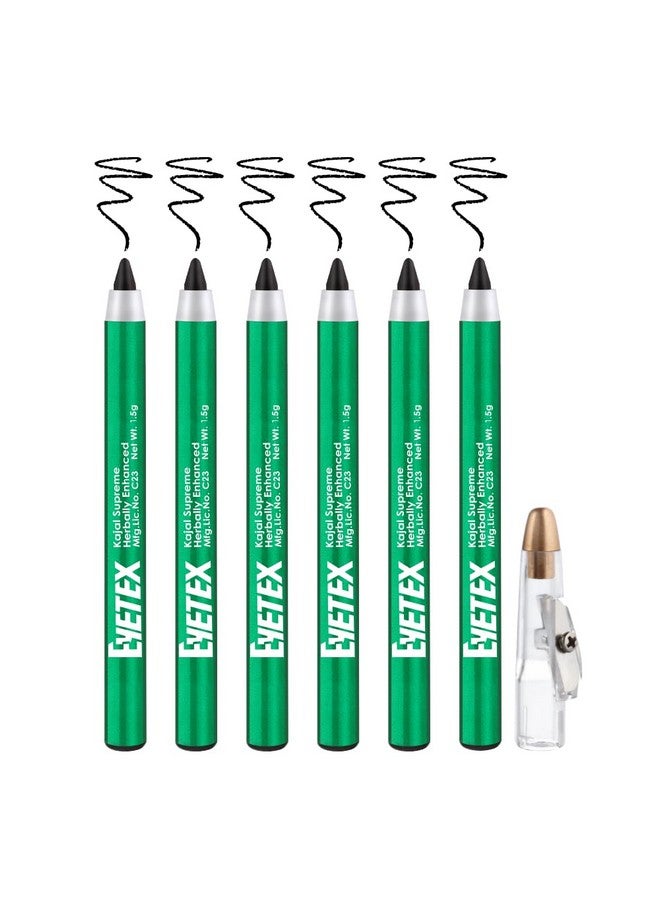Eyetex Kajal Supreme Herbally Enhanced, 1.5g, Pack of 6, Whole Sale Pack, Deep Black Matte Finish, Smudge-Proof, Water-Resistant, Vegan, Extracts of Aloe & Carnauba, 6-hr stay, Built-In Sharpener. - Image 1