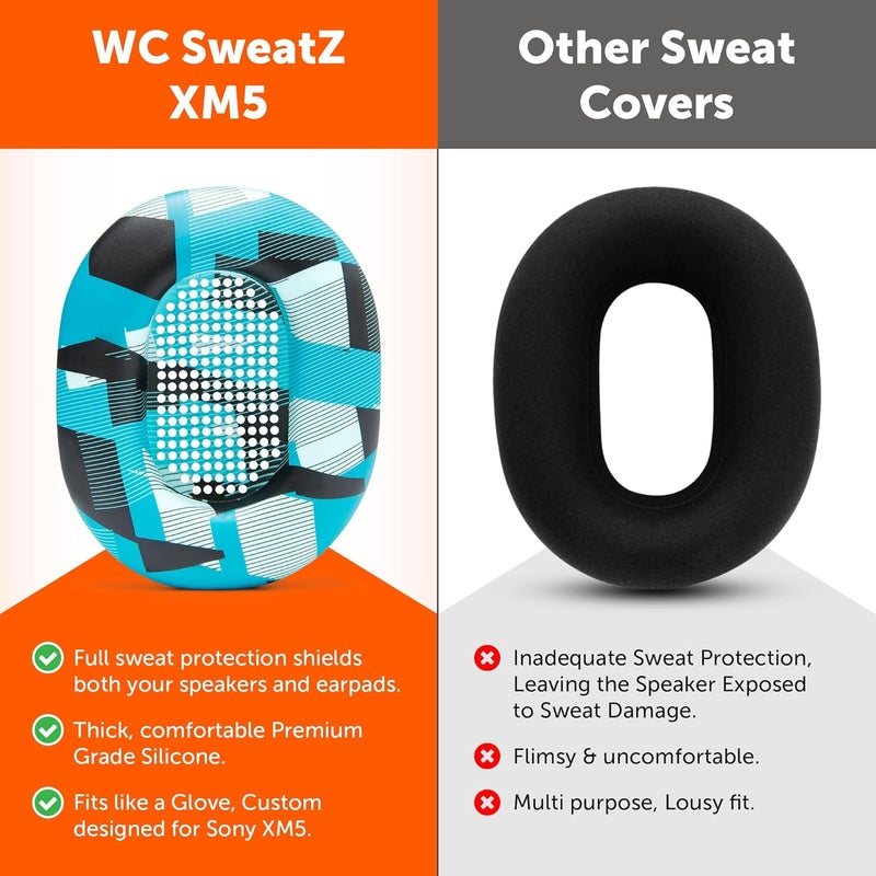 WC SweatZ XM5 - أغطية أذن واقية حاصلة على براءة اختراع لسماعات Sony WH1000XM5 من WC | متوافقة فقط مع سماعات Sony XM5 فوق الأذن | مقاومة للعرق وقابلة للغسل بسهولة | لون المنشور السماوي - Image 3