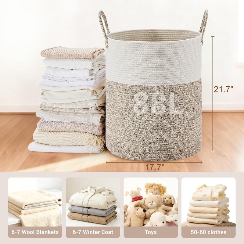 SunNewt Tall Laundry Basket with Handles, 88L Portable Dirty Clothes Hamper, Boho Cotton Rope Storage Bin for Blankets Kids Toys Gifts, Large Organizer for Baby Nursery Bedroom Bathroom, Brown - Image 3
