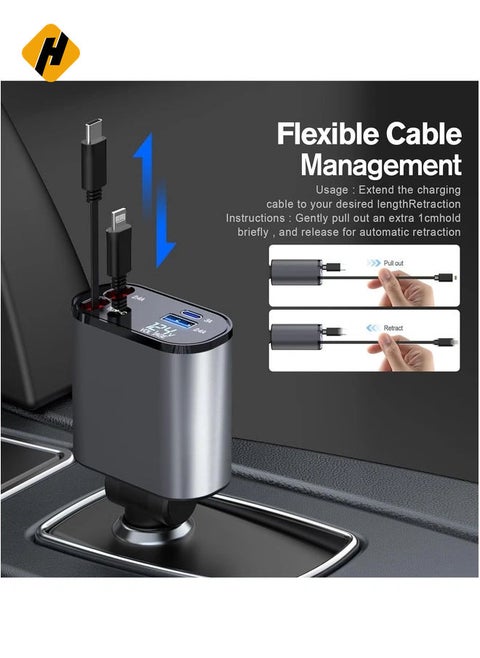 Easy-to-Use Retractable Type-C Car Charger – Compact and Convenient