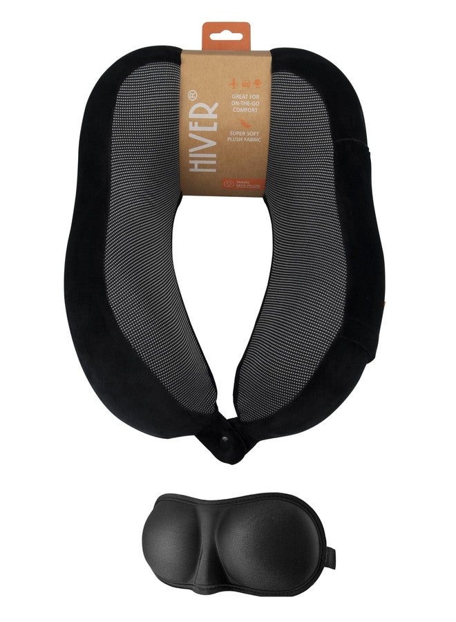 HIVER Premium Neck Pillow for Travelling Airplane | Travel Pillow Memory Foam with Neck Support Rest Pillow, Eye Mask (Black) - Image 1