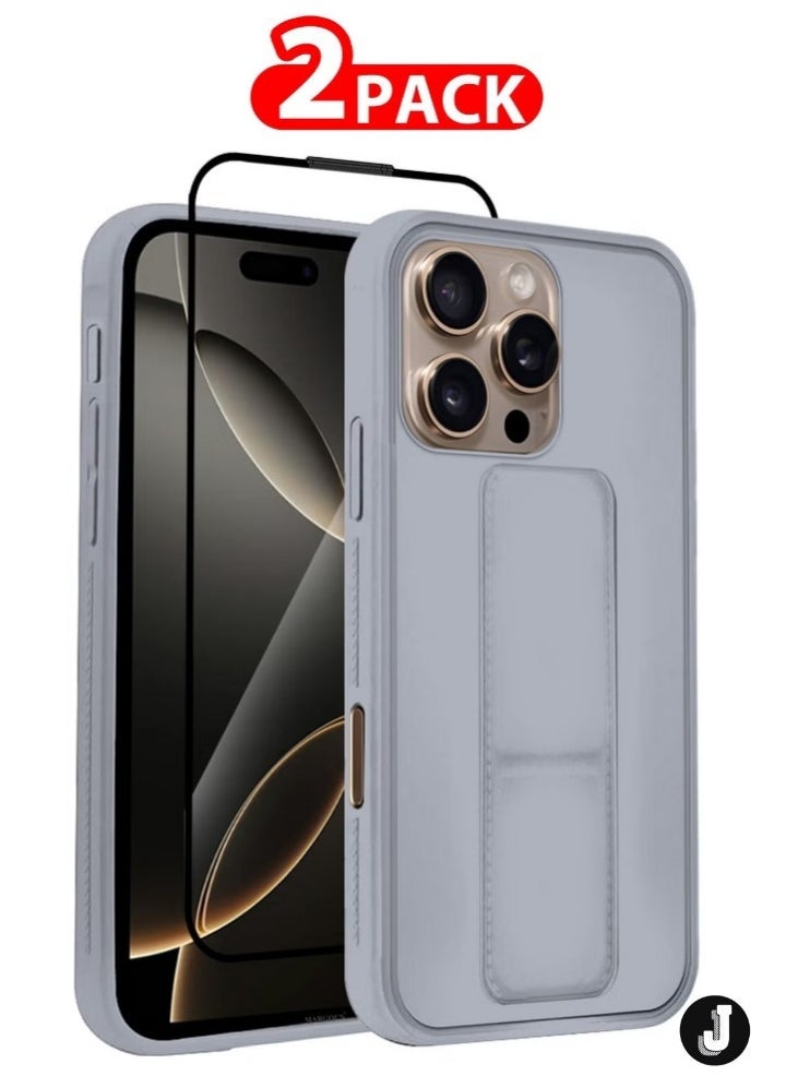 JAJEEK "2-Pack Premium PU Leather Case & Screen Protector for iPhone 16 Pro Max – Shockproof, Anti-Scratch, Stand Function, Finger Grip Case Cover (Grey)" - Image 1