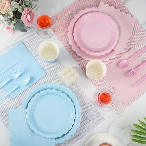 Xiangqu 350 Pcs Baby Gender Reveal Plates and Napkins, 50 Guest Boy or Girl Gender Reveal Party Supplies Include Light Pink and Light Blue Plates Napkin Cup Plastic Spoon Fork Knive for Baby Shower - Image 4
