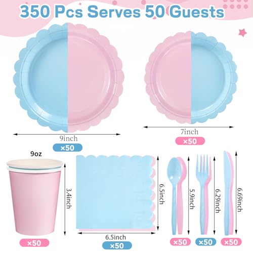 Xiangqu 350 Pcs Baby Gender Reveal Plates and Napkins, 50 Guest Boy or Girl Gender Reveal Party Supplies Include Light Pink and Light Blue Plates Napkin Cup Plastic Spoon Fork Knive for Baby Shower - Image 2