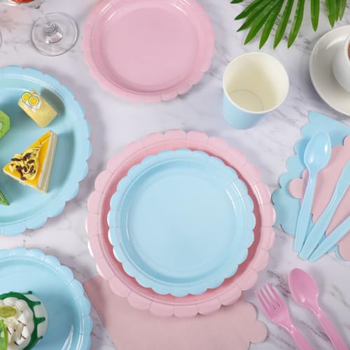 Xiangqu 350 Pcs Baby Gender Reveal Plates and Napkins, 50 Guest Boy or Girl Gender Reveal Party Supplies Include Light Pink and Light Blue Plates Napkin Cup Plastic Spoon Fork Knive for Baby Shower - Image 5