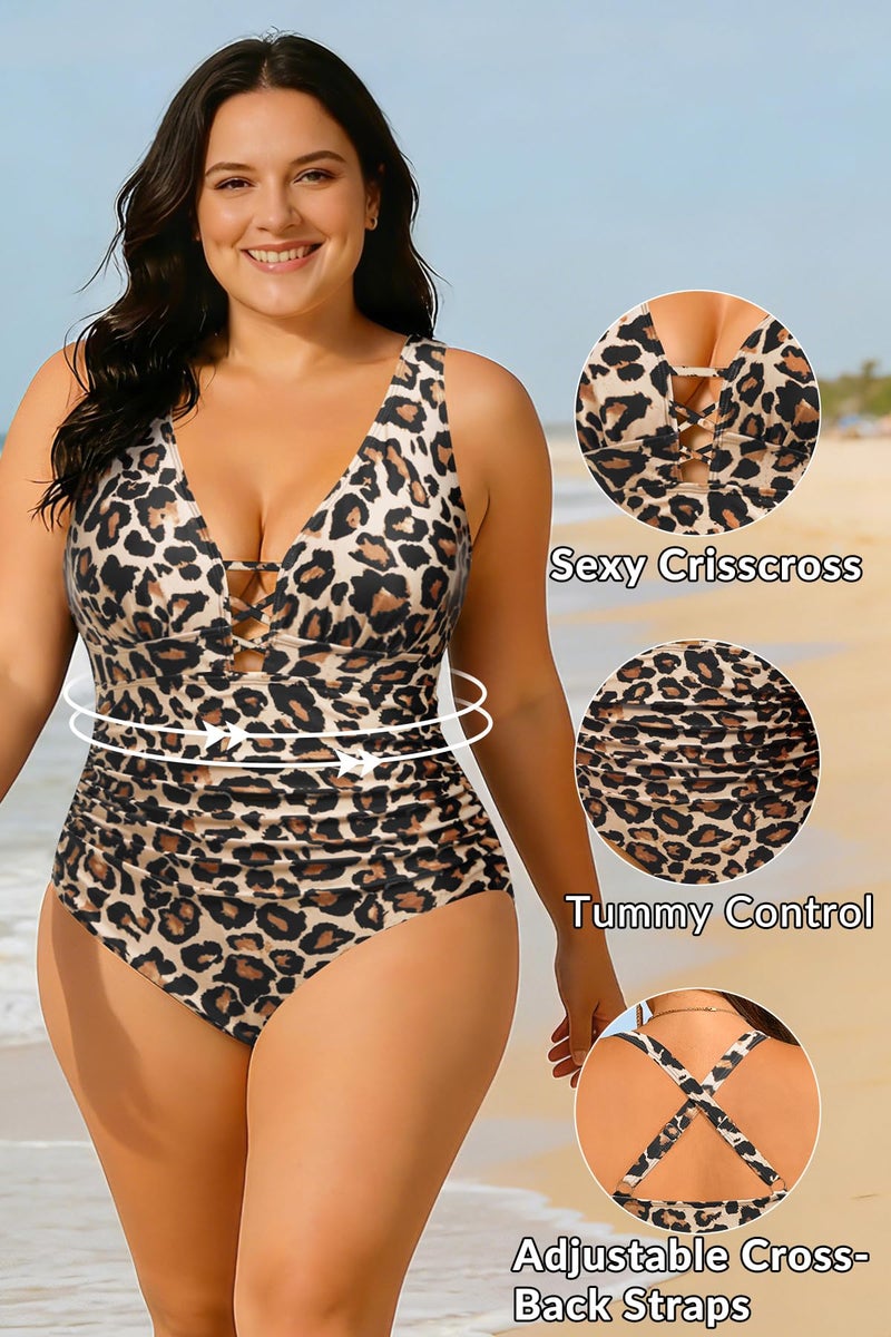 Yonique Women Plus Size One Piece Swimsuit Tummy Control Bathing Suits Lace up Plunge Swimwear Leopard 20W - Image 4