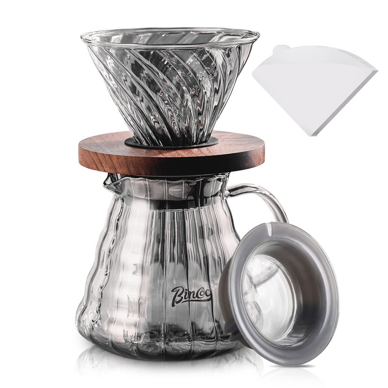 Bincoo Bincoo Pour Over Coffee Maker Set with Dripper Size 02600ml Glass Coffee Server Set60 Angle Tapered Glass Coffee Dripper with Wood Stand Filter Paper for Home Office GiftGrey