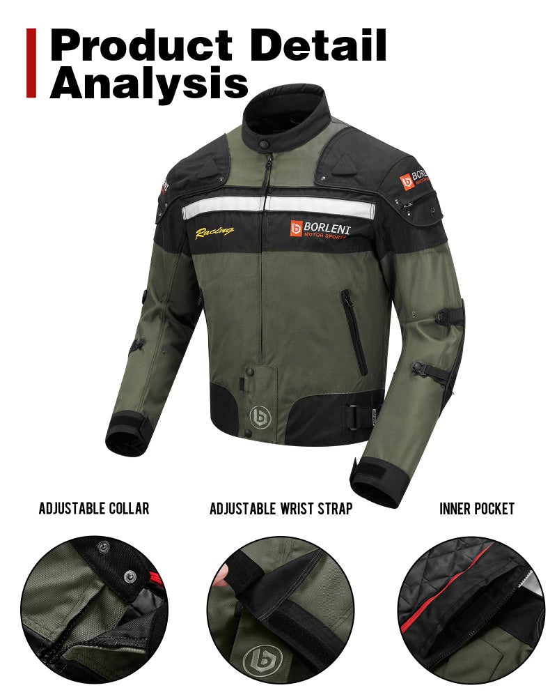 BORLENI Motorcycle Jacket Windproof Motorcycle Full Body Protective Gear CE Armor Suitable for All Seasons,Green,XL - Image 2