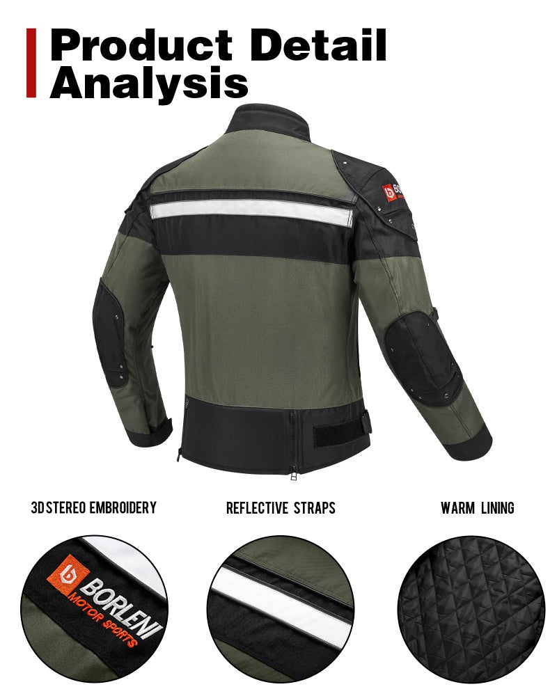 BORLENI Motorcycle Jacket Windproof Motorcycle Full Body Protective Gear CE Armor Suitable for All Seasons,Green,XL - Image 3