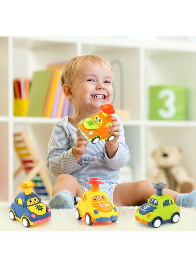 هالامودو 4PCS الرسوم المتحركة التعبير الضغط قوة العودة مجموعة السيارات، سحب لعبة المدينة مع قبعة المرح السيارات الصغيرة (حافلة المدرسة الصفراء، مشاة البحرية الخضراء، سيارة الشرطة الزرقاء، شاحنة الحريق البرتقالية)، لعبة السيارات انيرتييا، لعبة الأطفال لعبة، هدية حفلة الأطفال، 9.3*7*7.8 سم - Image 3