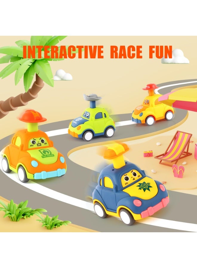 هالامودو 4PCS الرسوم المتحركة التعبير الضغط قوة العودة مجموعة السيارات، سحب لعبة المدينة مع قبعة المرح السيارات الصغيرة (حافلة المدرسة الصفراء، مشاة البحرية الخضراء، سيارة الشرطة الزرقاء، شاحنة الحريق البرتقالية)، لعبة السيارات انيرتييا، لعبة الأطفال لعبة، هدية حفلة الأطفال، 9.3*7*7.8 سم - Image 2