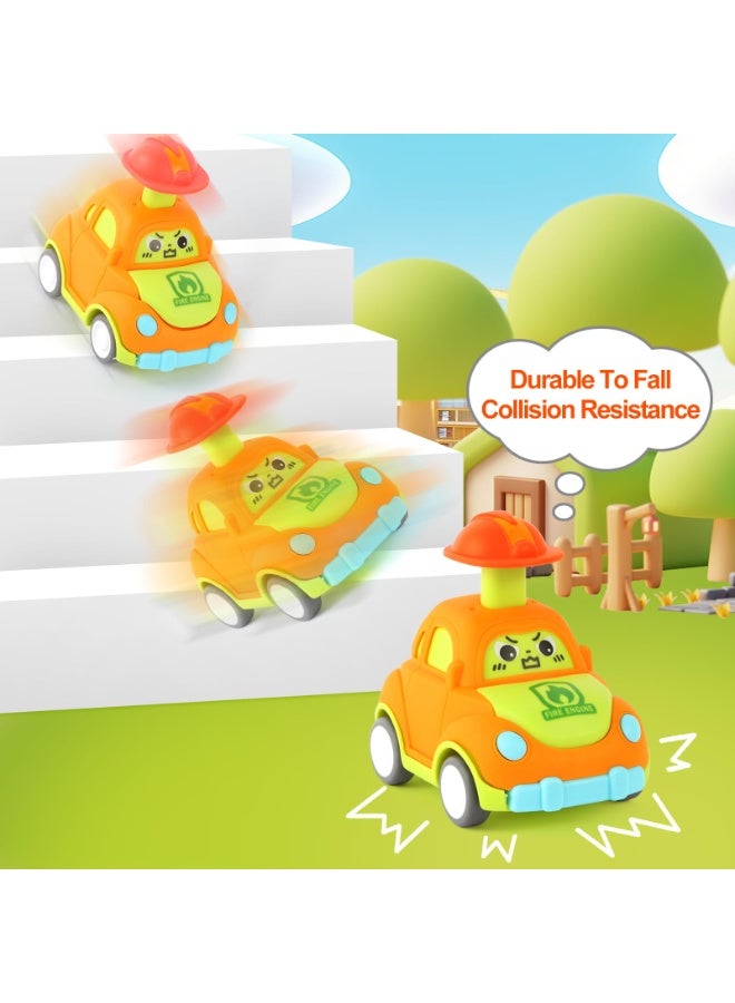 هالامودو 4PCS الرسوم المتحركة التعبير الضغط قوة العودة مجموعة السيارات، سحب لعبة المدينة مع قبعة المرح السيارات الصغيرة (حافلة المدرسة الصفراء، مشاة البحرية الخضراء، سيارة الشرطة الزرقاء، شاحنة الحريق البرتقالية)، لعبة السيارات انيرتييا، لعبة الأطفال لعبة، هدية حفلة الأطفال، 9.3*7*7.8 سم - Image 5