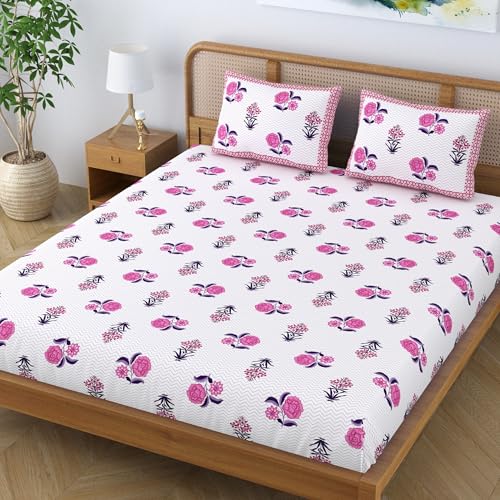 Colorish Ethnic Cotton Blend King Size Double Bedsheet with 2 Pillow Covers - Plush Pink - Image 3