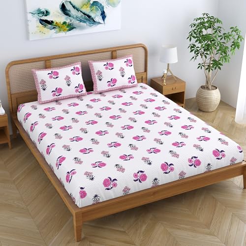 Colorish Ethnic Cotton Blend King Size Double Bedsheet with 2 Pillow Covers - Plush Pink - Image 4
