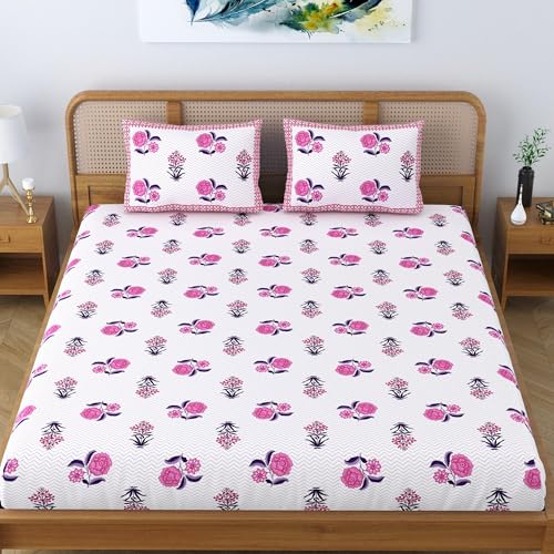 Colorish Ethnic Cotton Blend King Size Double Bedsheet with 2 Pillow Covers - Plush Pink - Image 2
