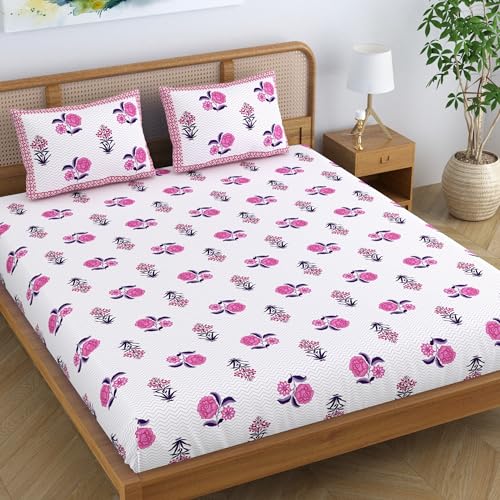 Colorish Ethnic Cotton Blend King Size Double Bedsheet with 2 Pillow Covers - Plush Pink - Image 1