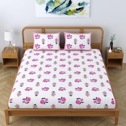 Colorish Ethnic Cotton Blend King Size Double Bedsheet with 2 Pillow Covers - Plush Pink - Image 5