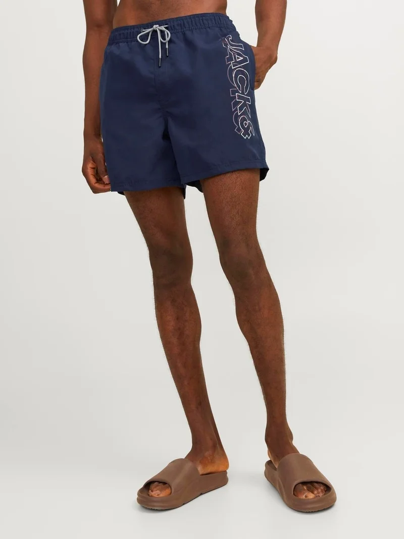 Jack Jones Regular Fit Written Navy Blue Men's Swim Shorts 12253118