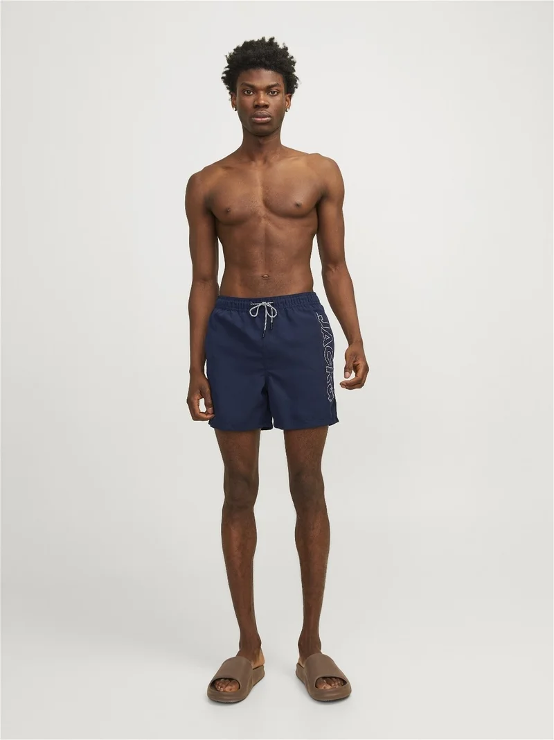 Jack Jones Regular Fit Written Navy Blue Men's Swim Shorts 12253118