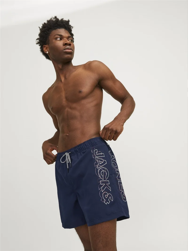 Jack Jones Regular Fit Written Navy Blue Men's Swim Shorts 12253118